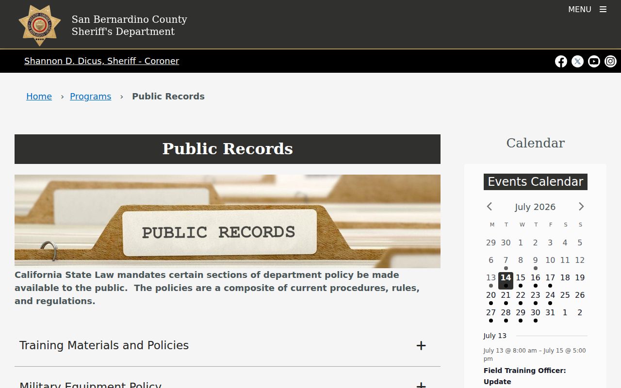 Yucca Valley public records guidance from the San Bernardino County Sheriff