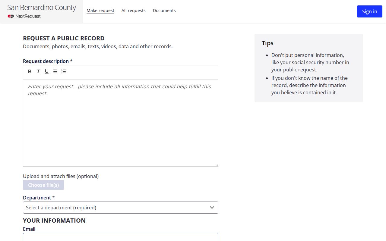 Yucca Valley public records access through the San Bernardino County request portal