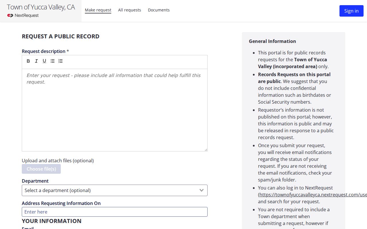 Yucca Valley public records request form in the town NextRequest portal